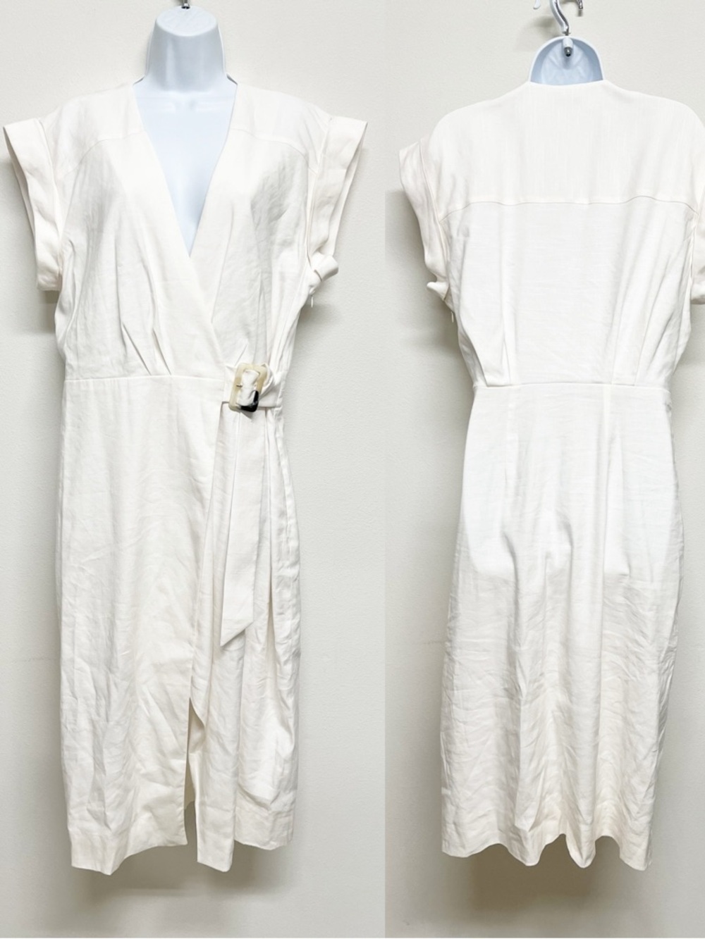 Veronica Beard Womens Off White Octavia Linen Blend Midi Belted Wrap Dress - Picture 2 of 10